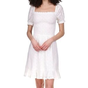 MICHAEL KORS NWT Size L White Eyelet Smocked Puff Sleeve Ruffle Hem Mini Dress